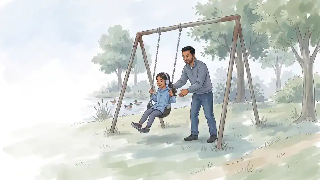 Illustration of a girl wearing noise-reducing headphones on a swing while her father gives a gentle push