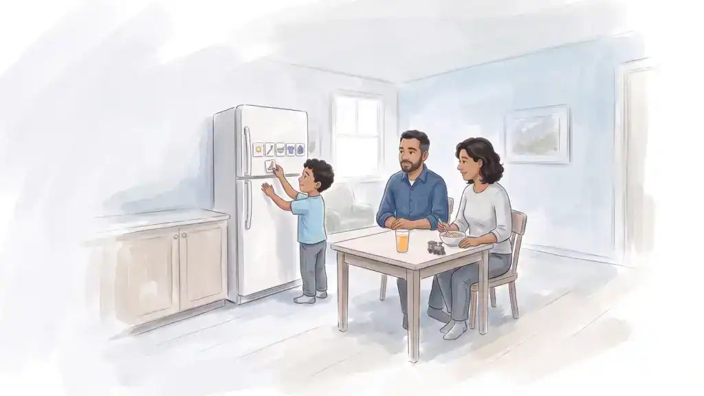 Illustration of a boy moving a picture card on a visual schedule on the fridge while his parents eat breakfast