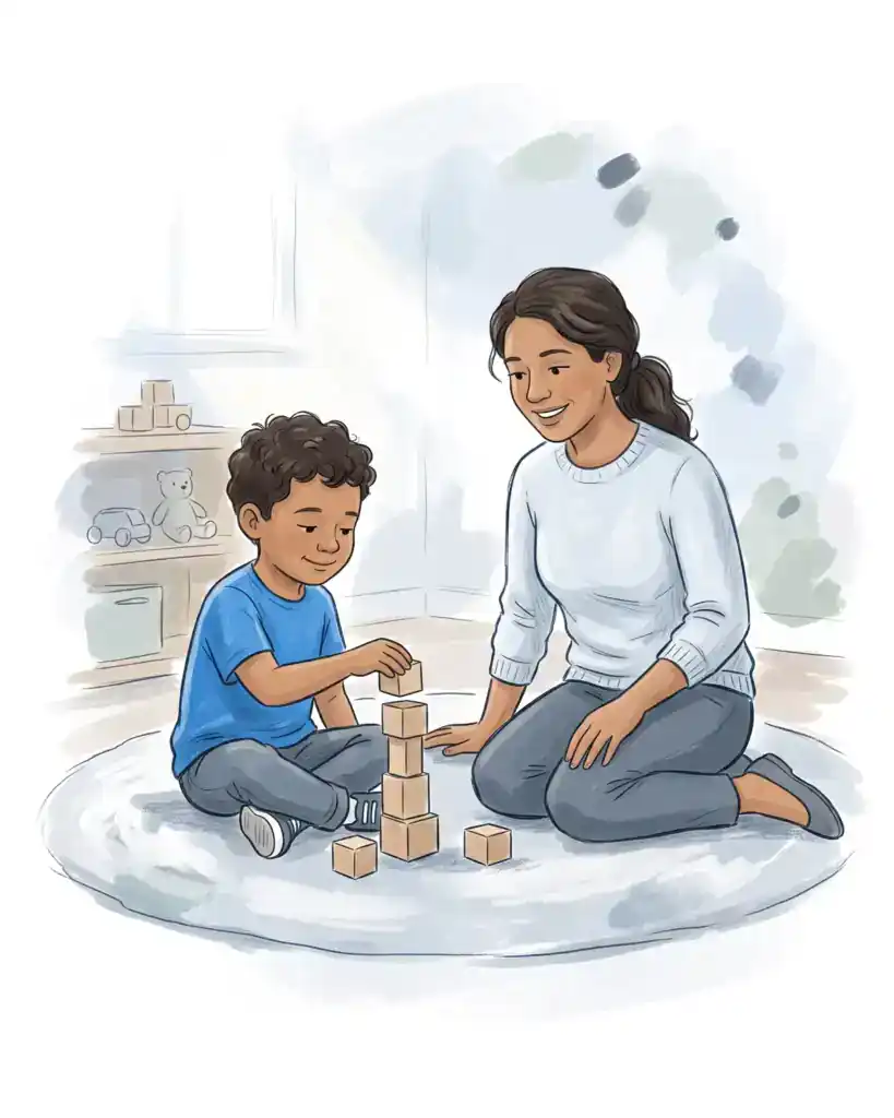 Illustration of a young boy stacking wooden blocks on a rug with a clinician sitting beside him