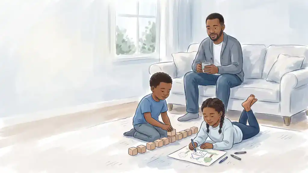 Illustration of a brother's long row of blocks beside his sister drawing on a living room rug, their father nearby