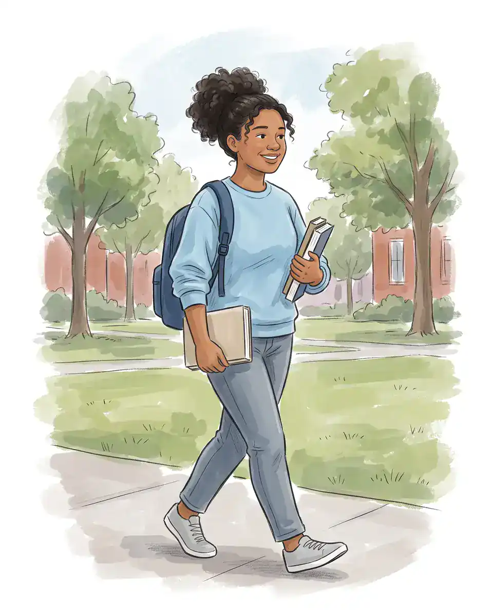 Illustration of a college student with curly hair and a backpack walking across a campus quad
