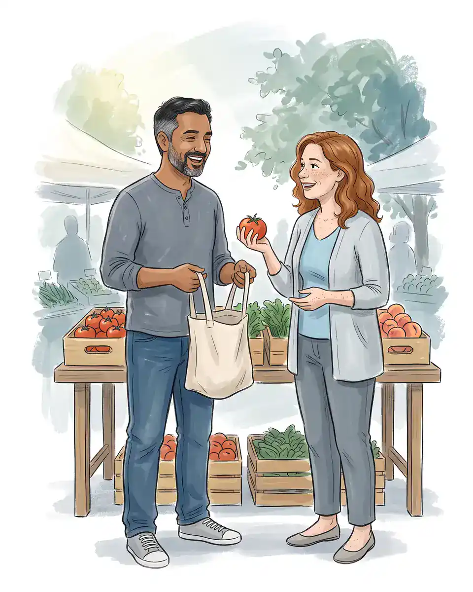 Illustration of a couple choosing tomatoes together at a farmers market stall