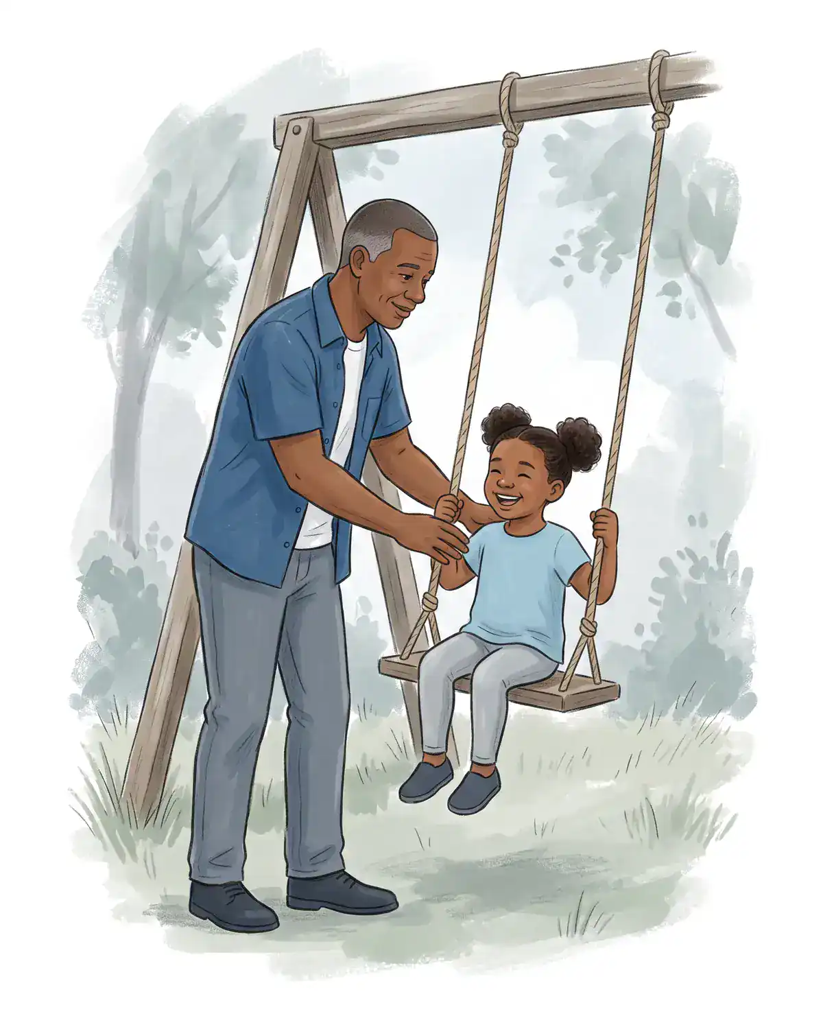Illustration of a man with close-cropped graying hair pushing his young daughter on a rope swing