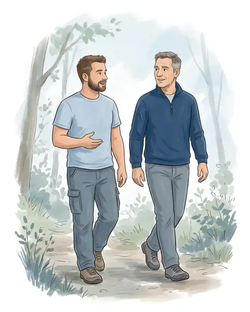 Illustration of two men walking and talking together on a wooded trail