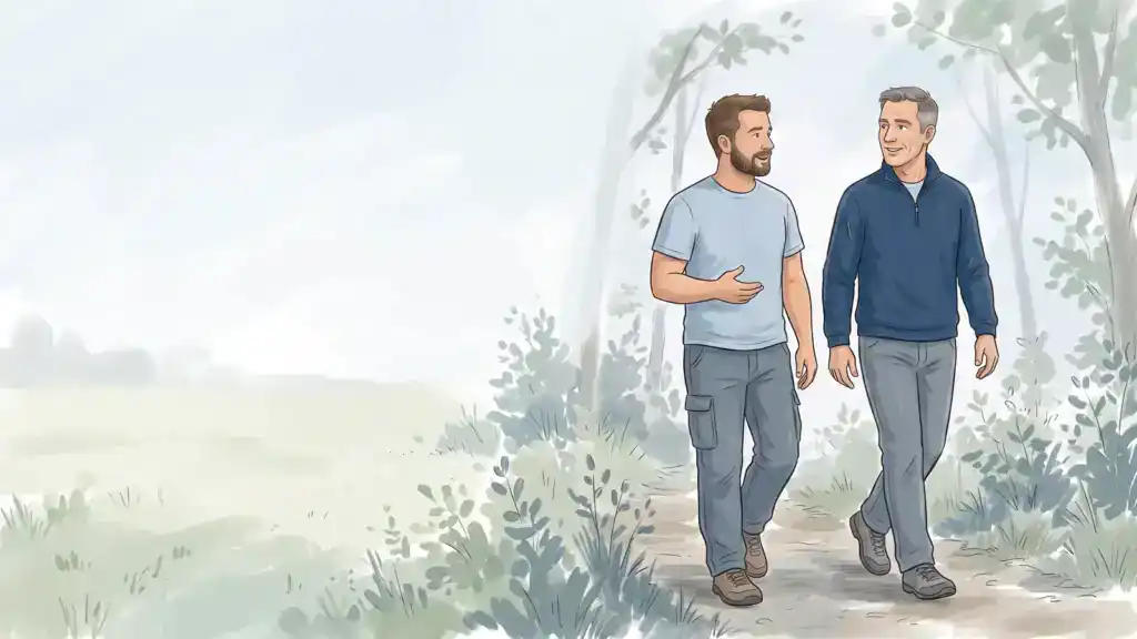 Illustration of two men walking and talking together on a wooded trail
