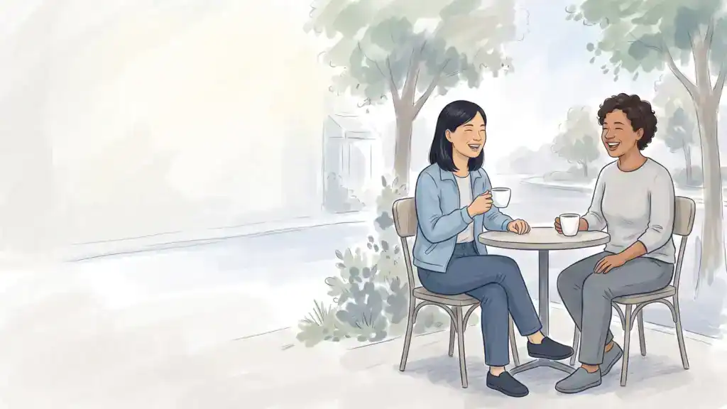 Illustration of a woman with a black bob laughing with a friend over coffee at an outdoor café table