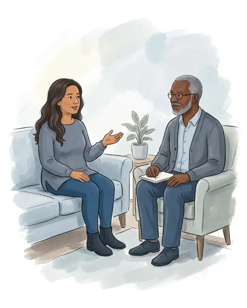 Illustration of a woman with long wavy dark hair talking with a therapist in a calm, bright office