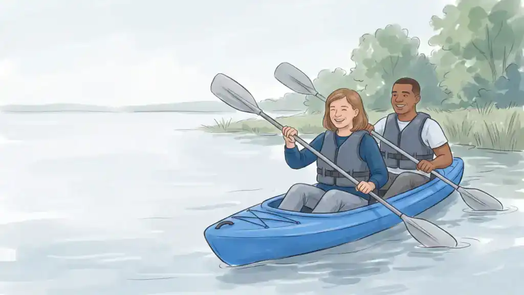 Illustration of a couple paddling a tandem kayak together on calm water