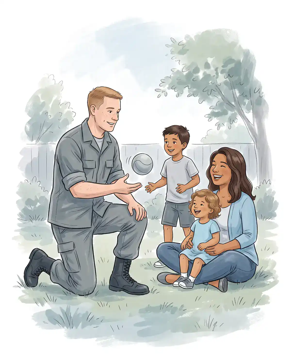 Illustration of a father in a plain utility uniform playing catch with his son in the backyard while his wife and daughter watch
