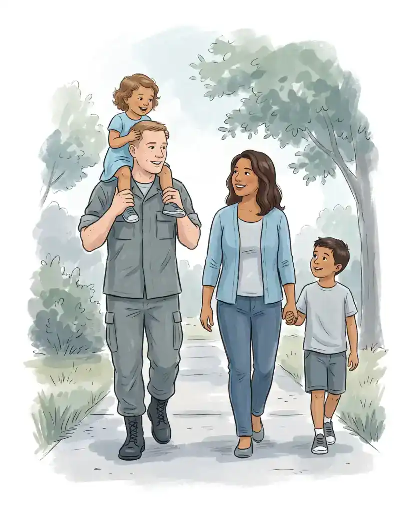 Illustration of a father in a plain utility uniform walking home with his wife and son, his young daughter on his shoulders