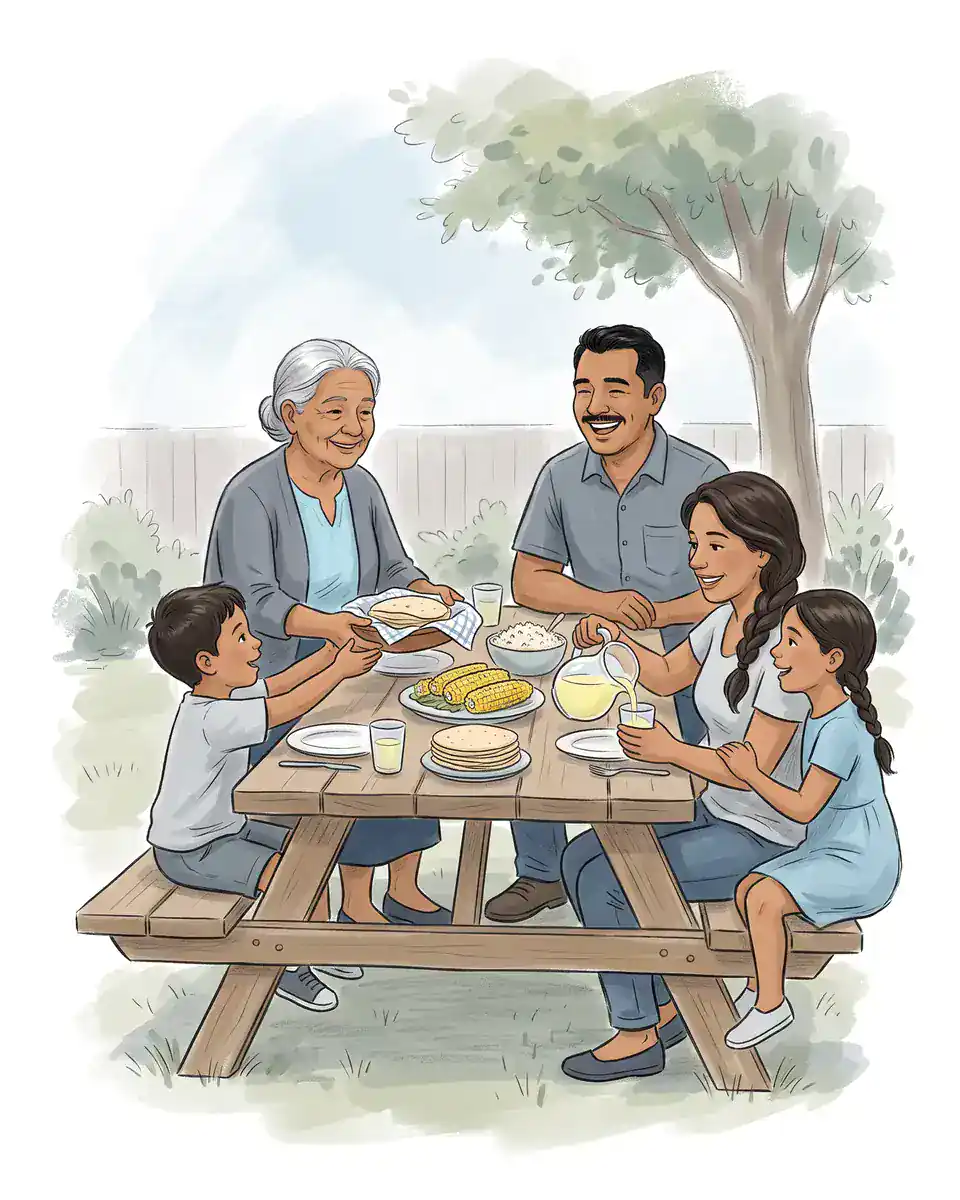 Illustration of a Latino multigenerational family sharing a meal at a backyard picnic table