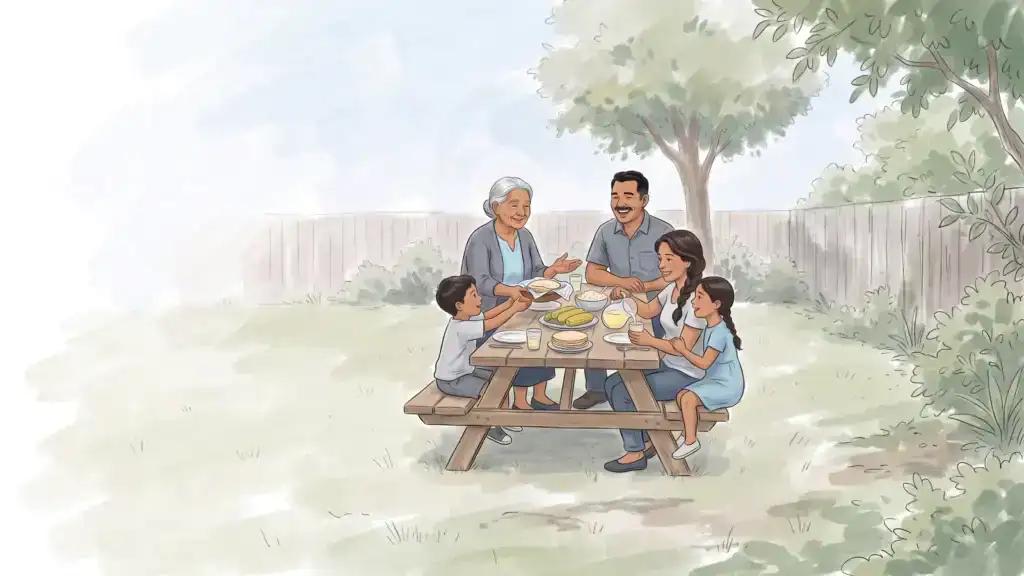 Illustration of a Latino family gathered at a backyard table, laughing as the grandmother tells a story