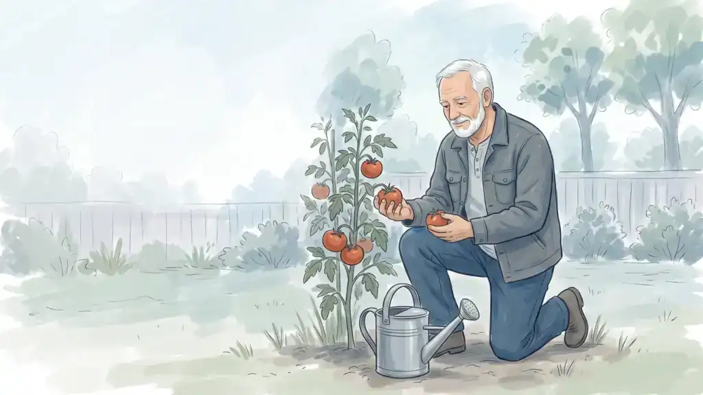Illustration of an older man with a white beard checking tomatoes in his backyard garden