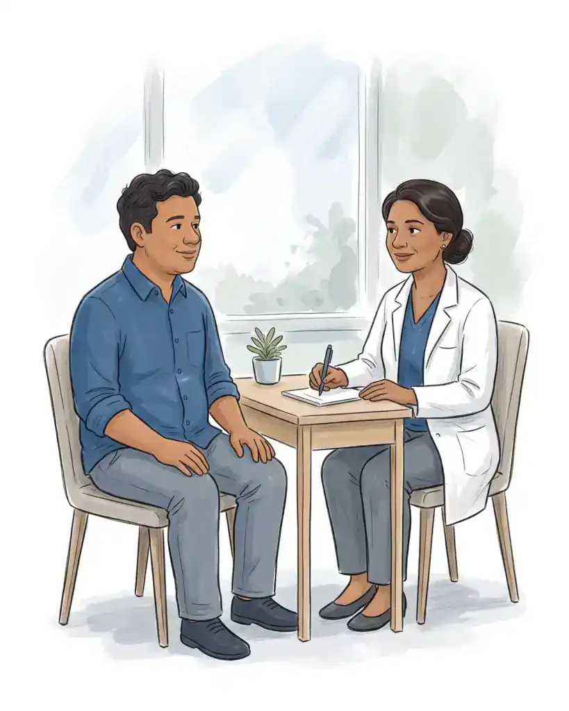 Illustration of a psychiatric provider taking notes at a small table while talking with a man