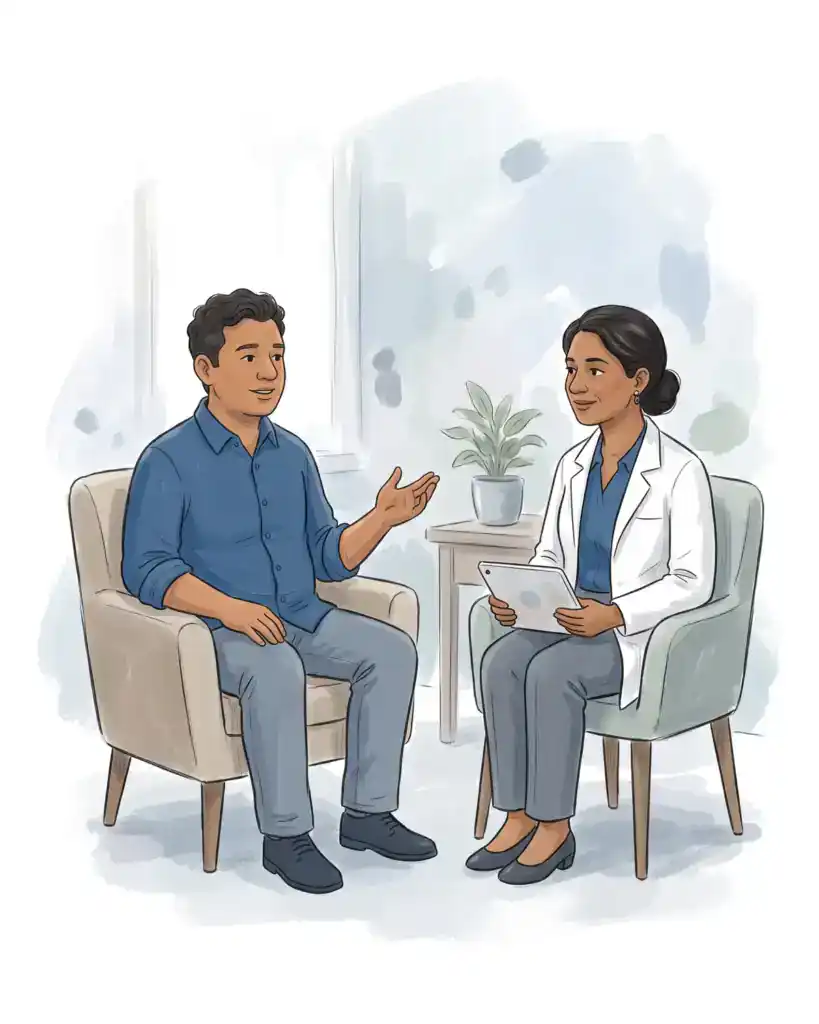 Illustration of a man talking with a psychiatric provider who holds a tablet in a calm office