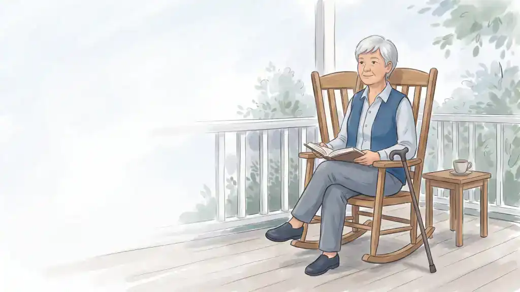 Illustration of a woman with short silver hair reading in a porch rocking chair, a cup of tea and her cane beside her