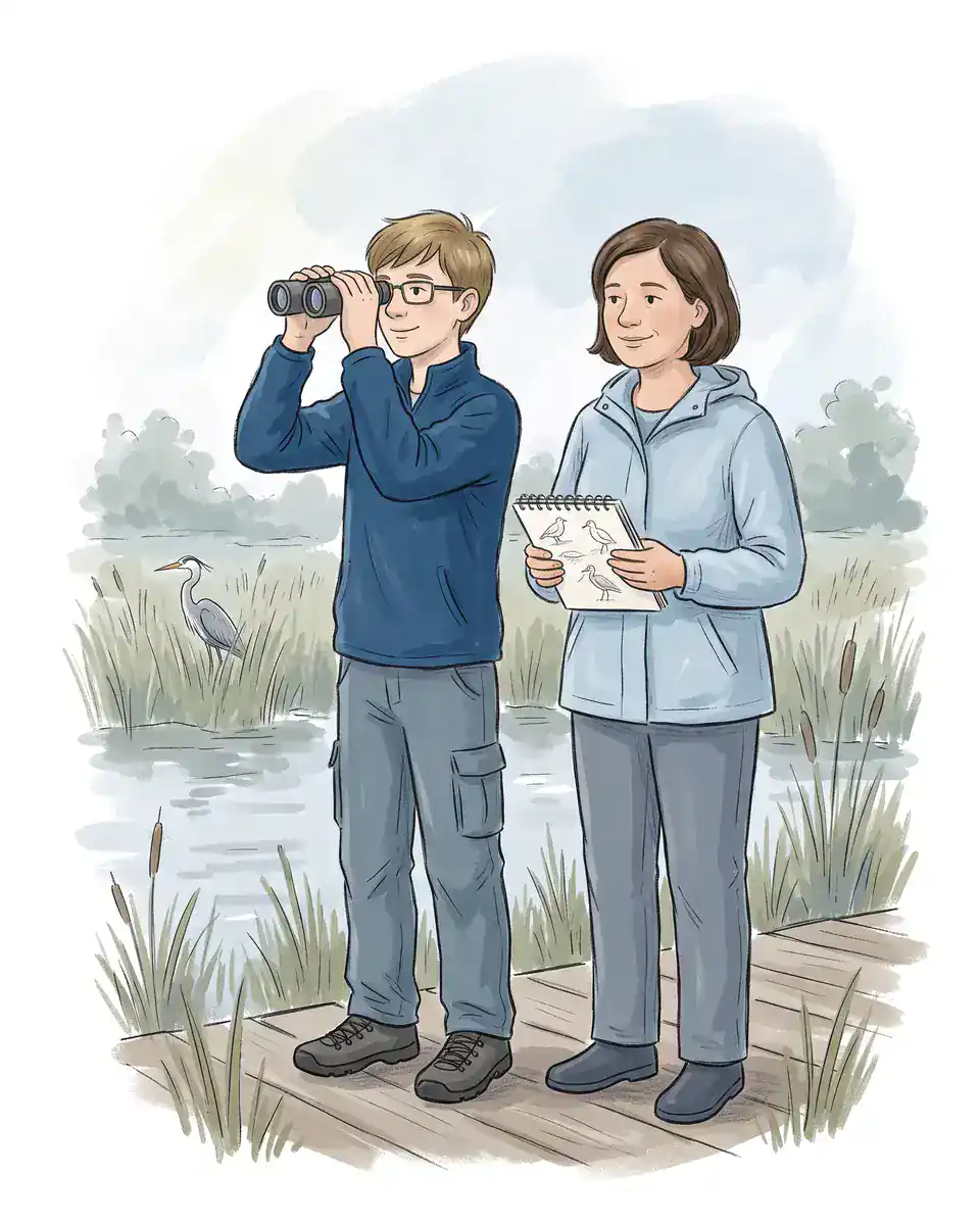 Illustration of a teenage boy with glasses birdwatching through binoculars beside his mother at a marsh