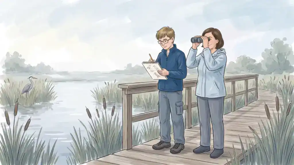 Illustration of a teenage boy sketching a heron on a marsh boardwalk while his mother looks through binoculars