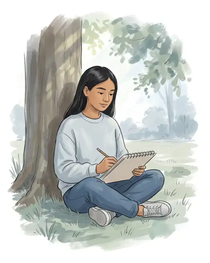 Illustration of a teenage girl with long black hair sitting under a tree and sketching in a notebook