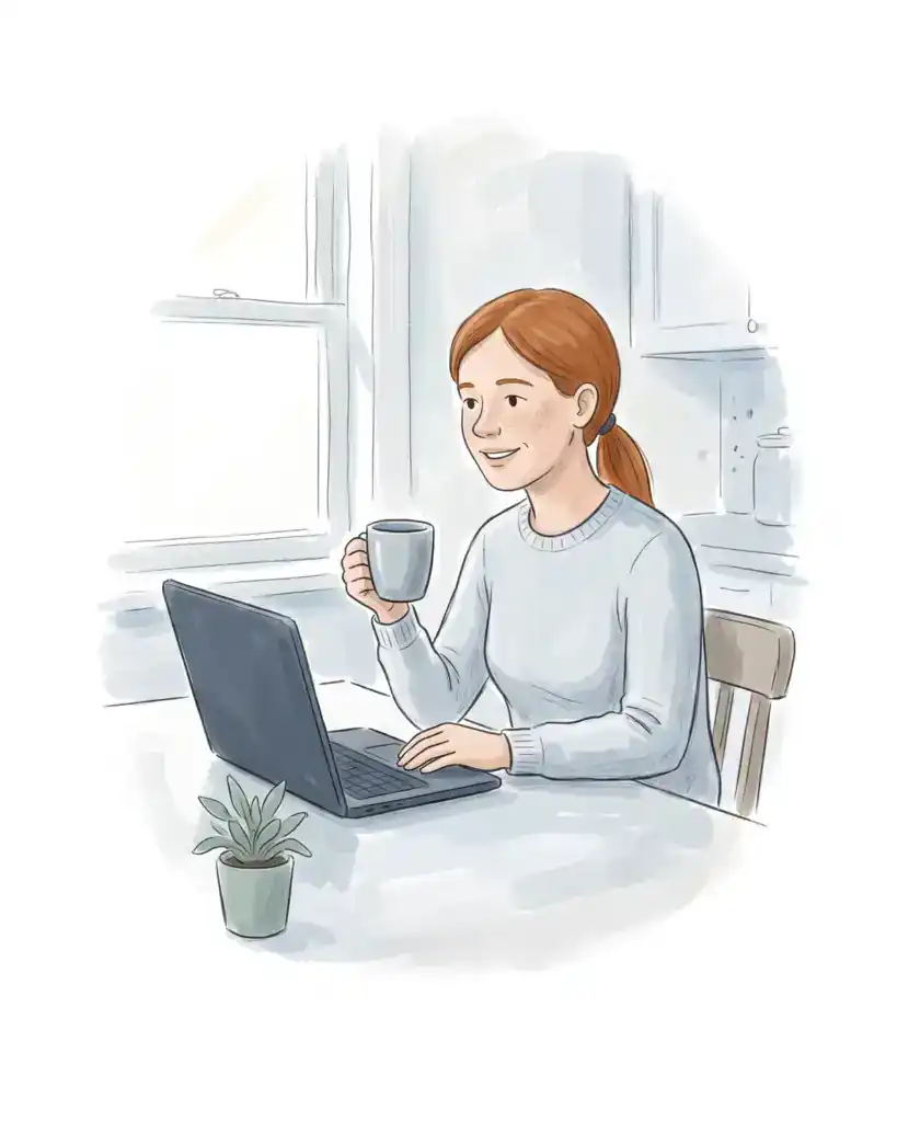 Illustration of a young woman with a mug of coffee in a video session on a laptop at her kitchen table