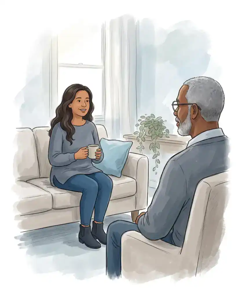 Illustration of a woman holding a mug of tea while talking with a therapist in a bright office