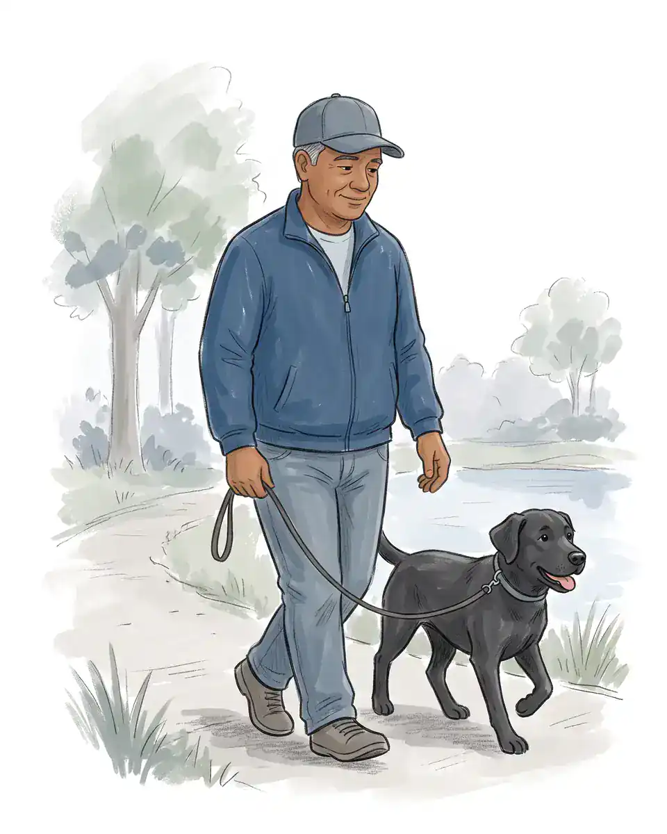 Illustration of an older man in a plain cap walking his black Labrador along a park path