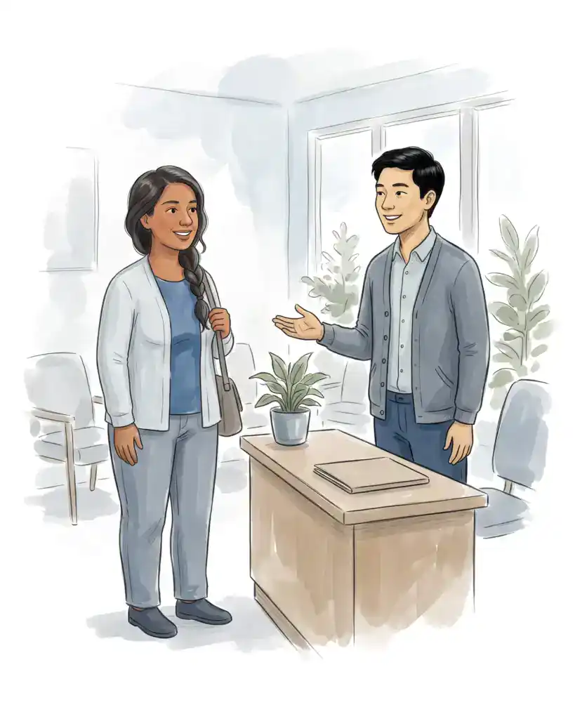 Illustration of a woman with a long dark braid being welcomed at a calm office front desk