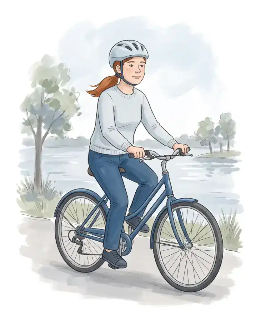 Illustration of a young woman with an auburn ponytail riding a bicycle along a waterfront trail