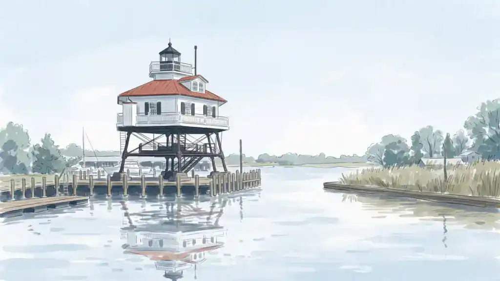 Painted illustration of the white screw-pile Drum Point Lighthouse with a red roof standing over calm water at Solomons, Calvert County, Maryland