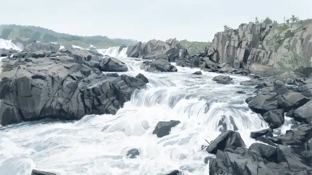 Painted illustration of white-water rapids of the Potomac pouring between dark rock ledges at Great Falls, with a rocky bluff and wooded ridge beyond, Montgomery County, Maryland